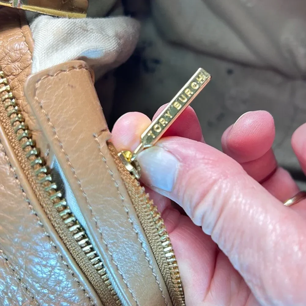 Tory Burch Amanda Caramel Tan Pebble Leather Dual Handle Satchel Handbag